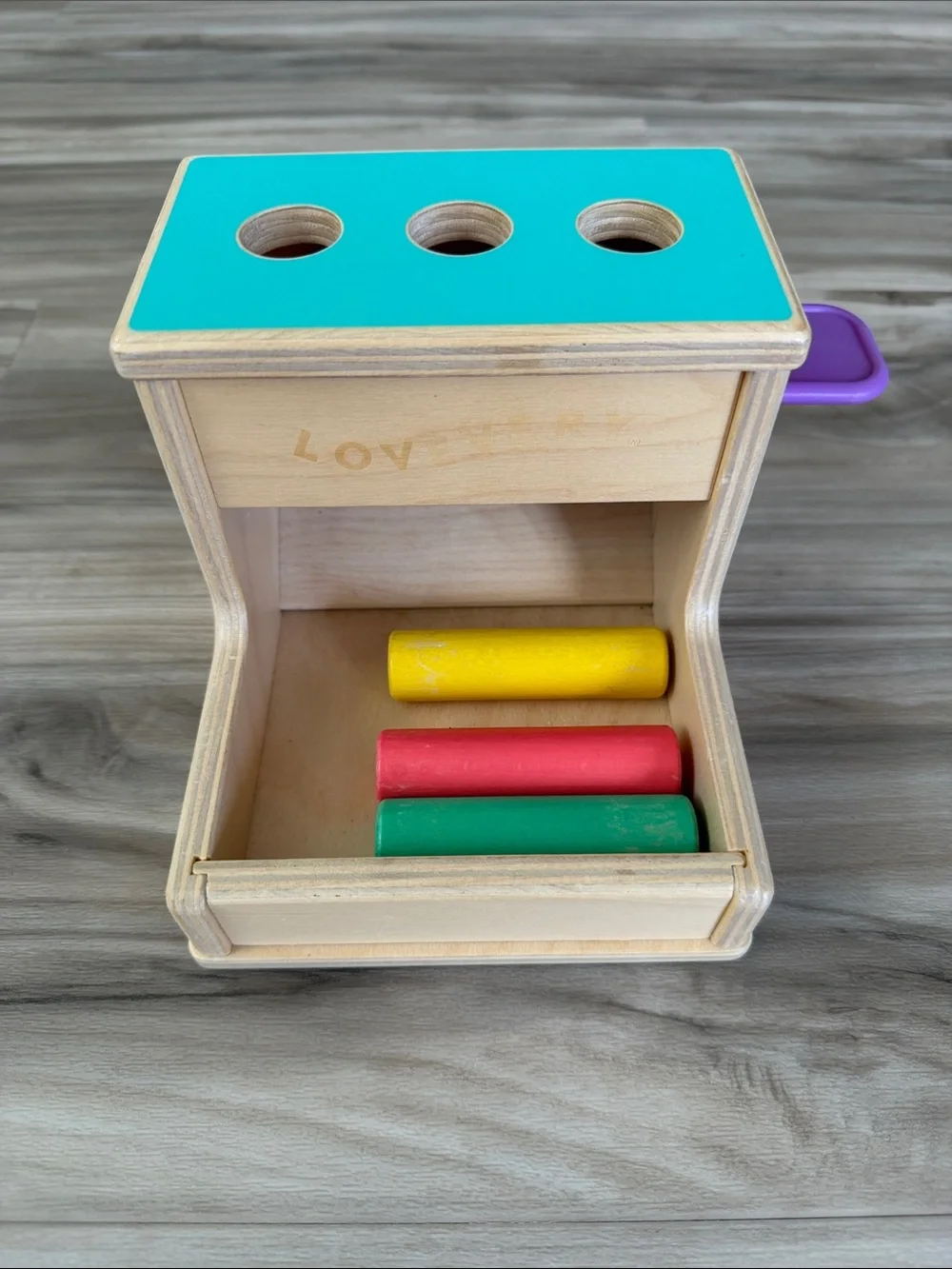 Lovevery Wooden Peg Drop Toy - Yellow, Red & Green Pegs
